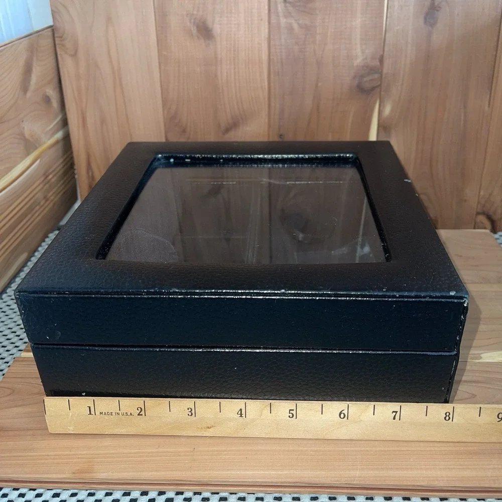 Bey-Berk Black Genuine Leather 3 Watch See Thru Box Locking Clasp Watch Pillows